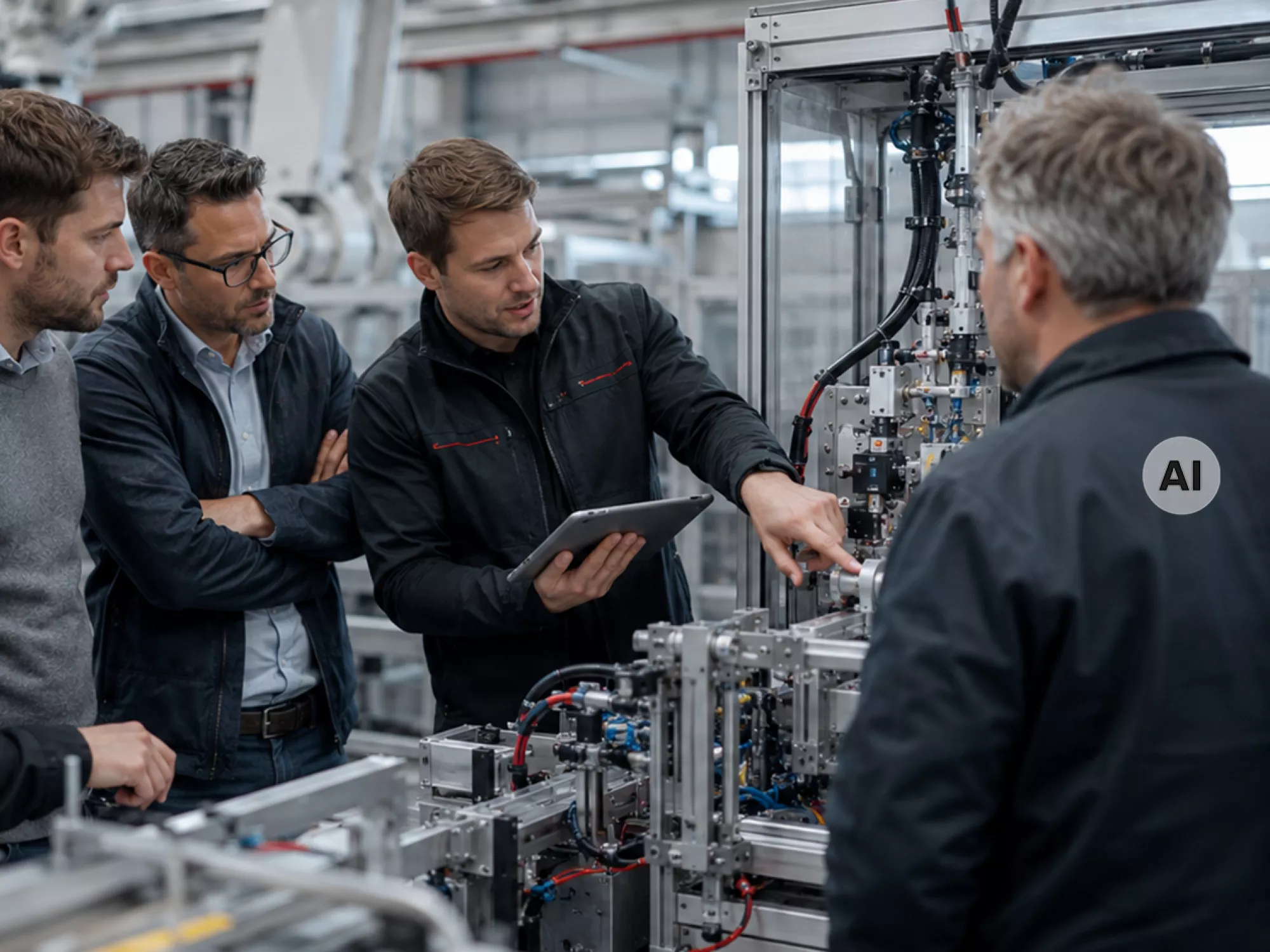 Bild mit Mitarbeitern, die gemeinsam an einer Maschine arbeiten - KI -generiert